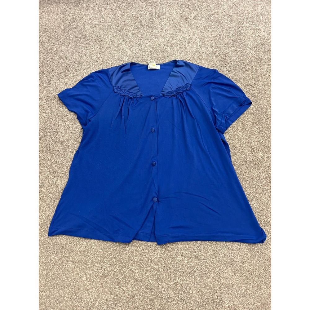 Vanity Fair Pajama Top Womens Medium Blue Excellent Button Front Smocked Satin